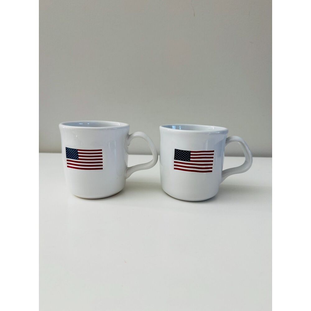 Williams Sonoma American Flag Mug Ceramic Coffee Cup PAIR White with American